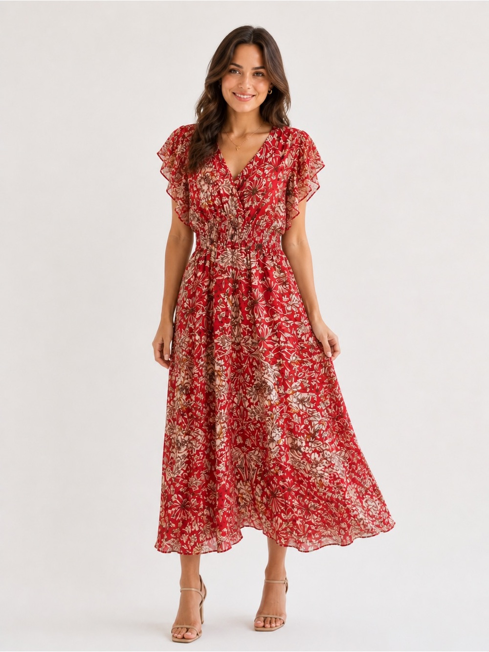 Red Floral Maxi Dress with V-Neck